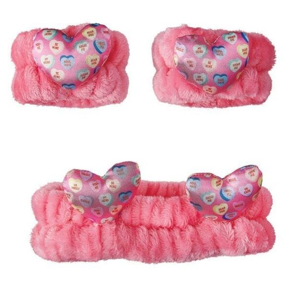 Pink Plush Conversation Heart Headband & Wristband Set Spa Skincare Accessories - Picture 1 of 1